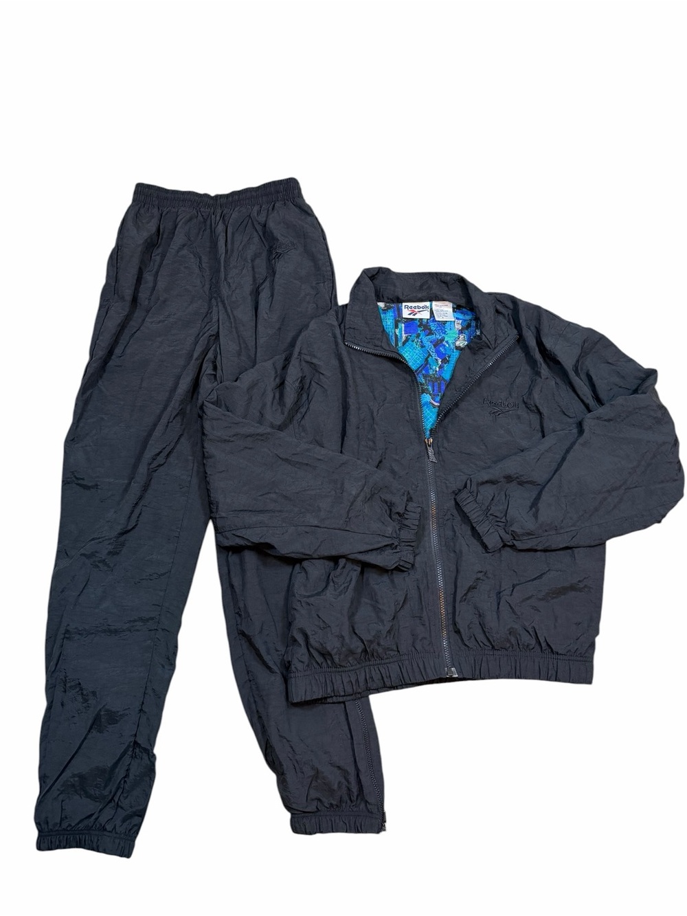 Vintage 90’ Reebok Nylon Drill Tracksuit Set Black Blue Abstract Print Zip Sz S